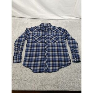 Wrangler Western Pearl Snap Shirt Blue & White Plaid Mens Large Rodeo Cowboy